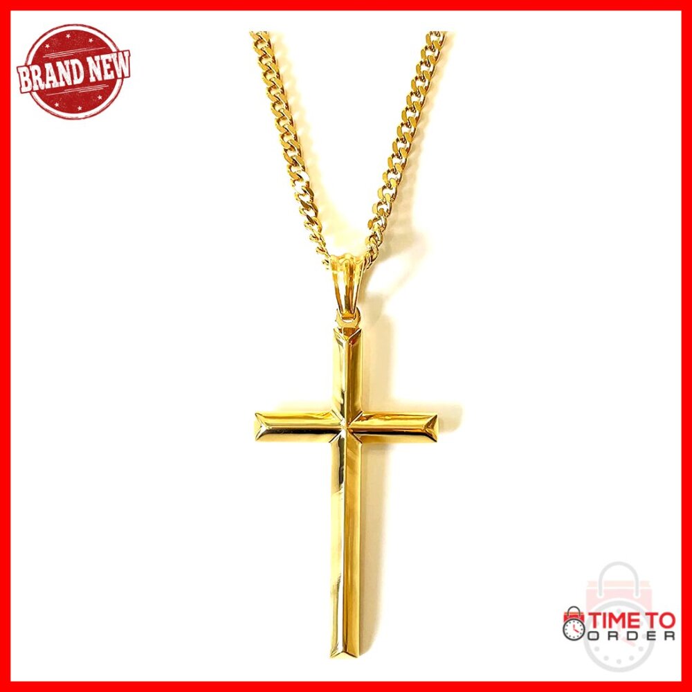 14K Gold Cross Pendant Necklace with Figaro Chain for Men 24 Inch